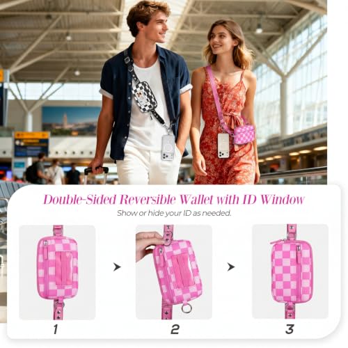 CYSIYU Small Crossbody Bag with Phone Lanyard and Wrist Strap Mini Checkered 4.5x6.5 Purse with RFID Clip and Go for Travel - color: Hot Pink Checkered, size: Mini