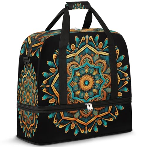 Travel Duffle Bags With Shoes Compartment for Women Men Mandala Flower Ethnic Boho Lightweigh Sports Tote Gym Bag Foldable Canvas Weekender Overnight Carry On Luggage Handle Bag - color: A02: Mandala