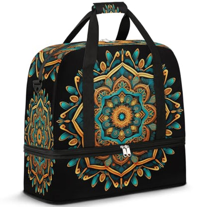 Travel Duffle Bags With Shoes Compartment for Women Men Mandala Flower Ethnic Boho Lightweigh Sports Tote Gym Bag Foldable Canvas Weekender Overnight Carry On Luggage Handle Bag - color: A02: Mandala