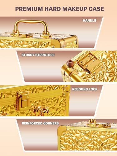Qislee Makeup Box with Detachable Magnetic LED Mirror, Travel Train Case - color: Bling Gold, size: Small