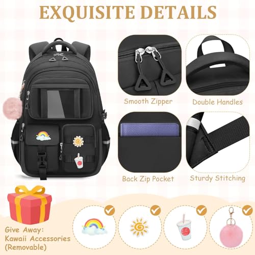 Kids Backpacks for Girls - Cute Girls Backpack for Kids Children Teens Elementary Middle School - 17″ Students Bookbag Travel Back Pack for Age 6-18 - color: Tm-black-backpack Only