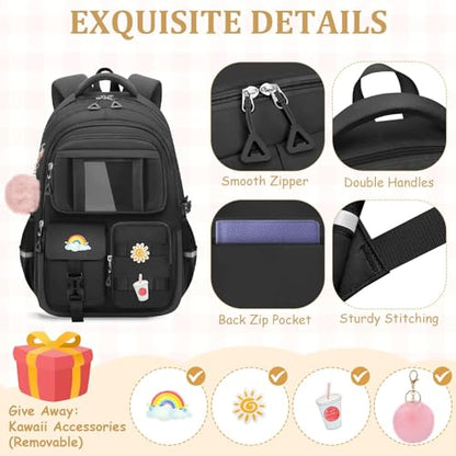 Kids Backpacks for Girls - Cute Girls Backpack for Kids Children Teens Elementary Middle School - 17″ Students Bookbag Travel Back Pack for Age 6-18 - color: Tm-black-backpack Only