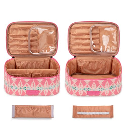 Wrangler Travel Makeup Bag 2pcs Set Cosmetic Bag with Makeup Brush Holder | Portable Make Up Organizer,Large Toiletry Bag with Divider and Handle for Women - color: Aztec-Pink