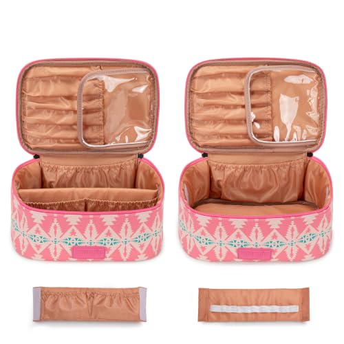 Wrangler Travel Makeup Bag 2pcs Set Cosmetic Bag with Makeup Brush Holder - color: Aztec-Pink