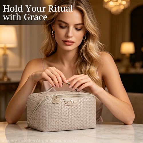 Travel Makeup Bag for Women: 3 Pcs Set Vagen Leather Cosmetic Bag - color: 05White