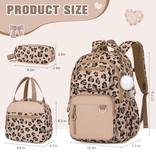 Bevalsa Backpack for Girls Backpack for School with Lunch Bag Pencil Case - color: Brown Leopard