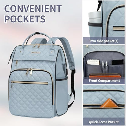 EMPSIGN 17 Inch Laptop Backpack Women with Giant Tumbler Holder, Light Blue - color: Quilted Light Blue
