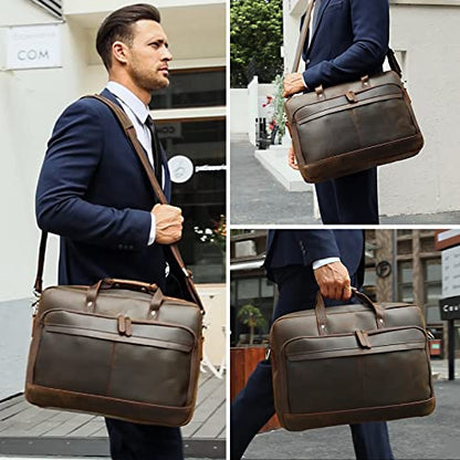 Masa Kawa Leather Briefcase for Men 15.6" 17" Laptop Business Messenger Bag - color: Brown- Fits 17.3 Inch Laptop