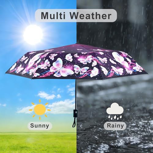 Windproof Travel Umbrella Folding Compact Automatic Umbrellas for Women Men Rain Sun - color: Purple Butterfly