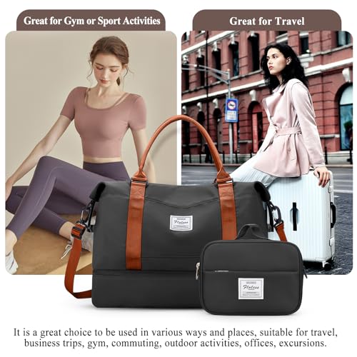 Weekender Bags for Women, Personal Item Travel Bag with Shoes Compartment - color: Black & Brown, size: Large