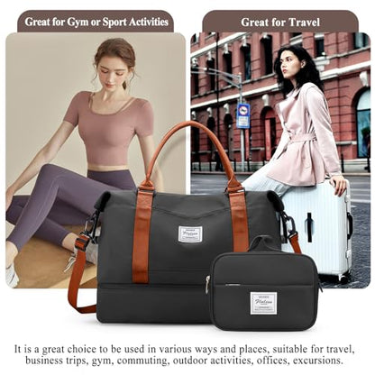 Weekender Bags for Women, Personal Item Travel Bag with Shoes Compartment - color: Black & Brown, size: Large