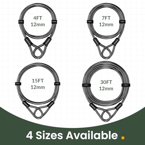 Titanker Bike Lock Cable,12mm Thick Security Cable with Loops Heavy Duty Steel Cable Vinyl Coated Bike Cable Lock Security Chain (4ft, 7ft, 15ft, 30ft) - style: 30 Feet