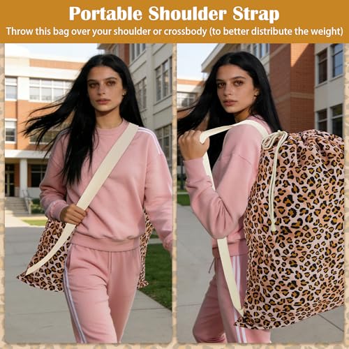 Canvas Laundry Bag with Shoulder Strap & Drawstring, Leopard, 23"W x 29"H - color: Leopard