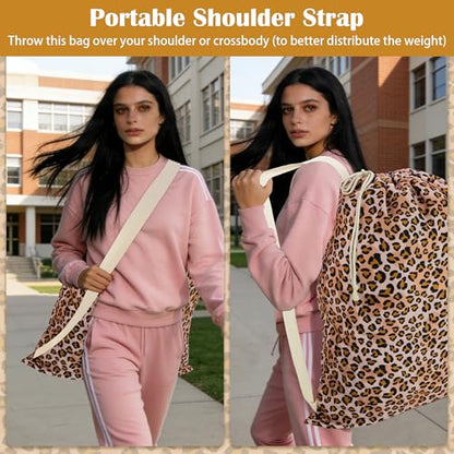 Canvas Laundry Bag with Shoulder Strap & Drawstring, Leopard, 23"W x 29"H - color: Leopard
