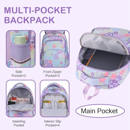Rexmore Girls 3Pcs Backpack Set with Lunch Box & Pencil Case, Purple - color: Purple