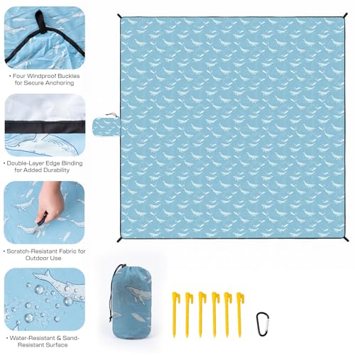 OIGAE Beach Blanket Waterproof Sandproof Oversized Beach Mat - color: Light Blue Whale, size: 7x7 Ft (2～4 person)