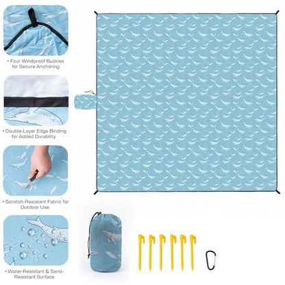 OIGAE Beach Blanket Waterproof Sandproof Oversized Beach Mat - color: Light Blue Whale, size: 7x7 Ft (2～4 person)