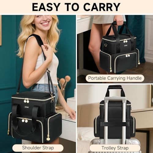 Extra Large Makeup Bag with 3 Removable Cases, Double Layers Travel Cosmetic Storage Organizer Bag with Detachable Dividers, Black - color: Black01