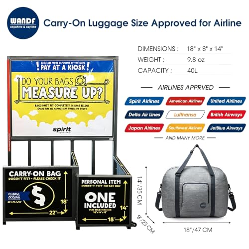 WANDF Foldable Personal Item Travel Bag, Carry on Duffle Bag - color: Light Grey 40L