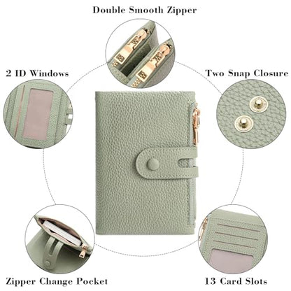 FALAN MULE Small Wallet for Women Leather RFID Blocking Wristlet Bifold Card Holder with Double Zipper Pockets - color: R-Light green
