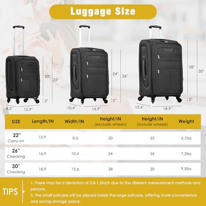 Softside Luggage Set, 3 Piece 22/26/30 Inch, Black - color: B . Black