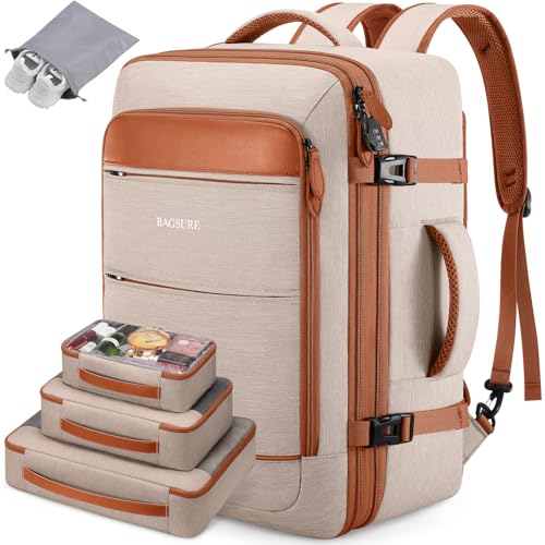 Bagsure Travel Carry On Backpack,42L Flight Approved,Expandable Backpack - color: Beige-brown (Backpack With 4 Packing Cubes)