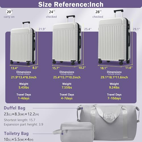 Merax 3 Piece Luggage Sets, Hardside Lightweight Carry on Suitcase - color: White Grey, style: 3 Piece-20+24+28