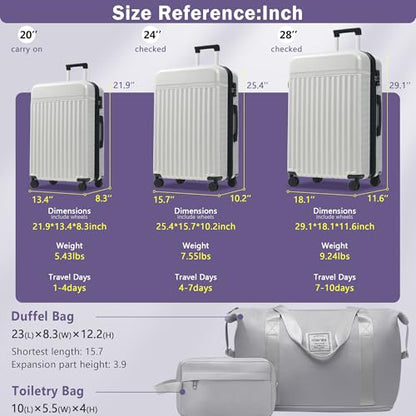 Merax 3 Piece Luggage Sets, Hardside Lightweight Carry on Suitcase - color: White Grey, style: 3 Piece-20+24+28