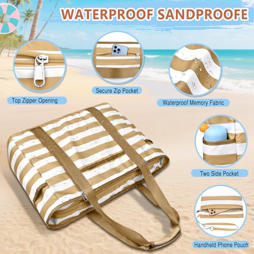 Extra Large Beach Bags for Women Waterproof Sandproof Beach Tote Bag - color: Brown White