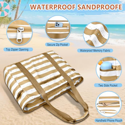 Extra Large Beach Bags for Women Waterproof Sandproof Beach Tote Bag - color: Brown White