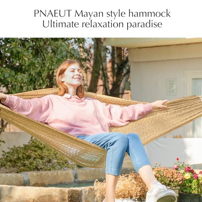 PNAEUT Handwoven Rope Mayan Hammock for Outside, 600 lbs Capacity - color: Tan, size: X-Large