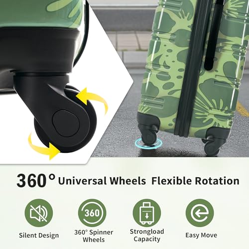 Merax Luggage Sets 3 Piece, Hardside Suitcase Set with Spinner Wheels - color: Green Print, style: 3-piece Set(20/24/28)
