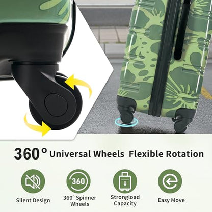 Merax Luggage Sets 3 Piece, Hardside Suitcase Set with Spinner Wheels - color: Green Print, style: 3-piece Set(20/24/28)