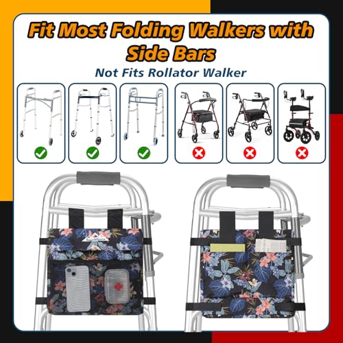 supregear Walker 사이드 백, 접이식 워커용 방수 액세서리 바스켓 파우치, 경량 핸즈프리 보관 캐리어 토트, 범용 사이즈 노인 캐디 부착물, 블랙 보태니컬 플로럴 - color: 블랙 보태니컬 플로럴