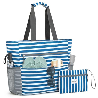 G4Free Beach Bag, Waterproof Sandproof Large Capacity Foldable for Women - color: Navy Stripe, size: 35L