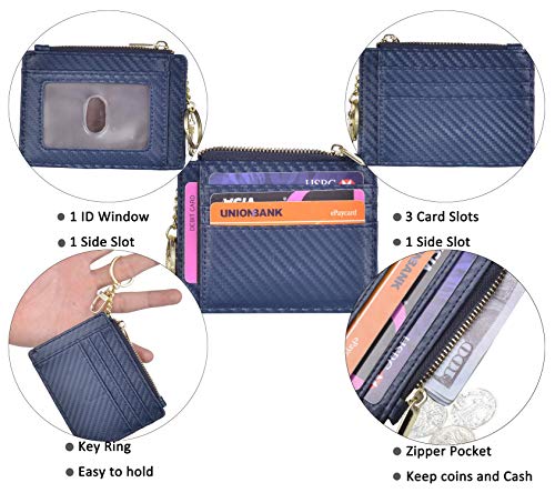 woogwin Slim RFID Credit Card Holder for Women Mini Front Pocket Wallet Purse With Keychain - color: Carbon Fiber Leather Darkblue