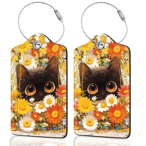 2Pack Luggage Tags for Suitcases, Cute Unique Pu Leather Cruise Luggage Tag with Privacy Cover ID Label Address Card and Metal Ring Suitable for Women Men Kids Travel Bag Yellow flower and kitten - color: Yellow Flower and Kitten