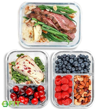 Glass Meal Prep Containers 1 & 2 & 3 Compartments, Airtight, 35 oz, 3 Pack - color: Blue (1,2,3 compartment - 3 Pack, 35 oz)