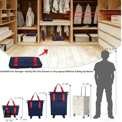 Travel Rolling Duffel Bag with Removable Wheels,Expandable Foldable Carry-On Luggage for Trip or Hospitalization - color: Red&Navy Blue