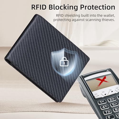 VISOUL Mens Carbon Fiber Leather Wallets Bifold with RFID Blocking, Designer Billfold Wallet with 1 ID window for Men (Black+Black) - color: Black+Black