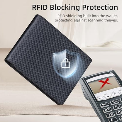 VISOUL Mens Carbon Fiber Leather Wallets Bifold with RFID Blocking, Designer Billfold Wallet with 1 ID window for Men (Black+Blue) - color: Black+Blue