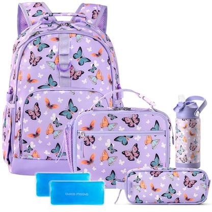 Choco Mocha Butterfly Backpack Set Kids Backpacks for Girls, Girls Backpack with Lunch Box & Water Bottle, Elementary School Bookbag Age 6-8 17 Inch, Purple - color: Butterfly Purple