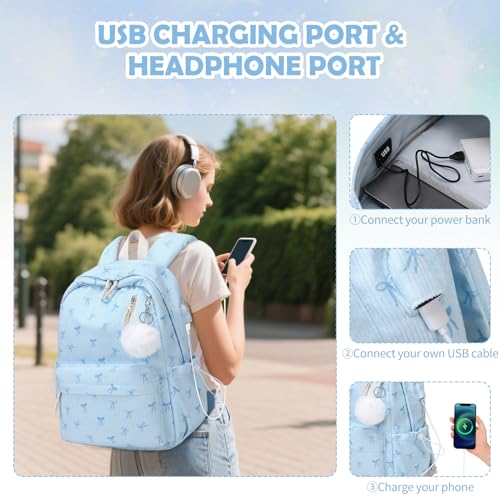 ACESAK 3PCS Corduroy Girls Backpack w/Lunch Box & Pencil Bag (Blue Bow Tie) - color: Blue Bow Tie