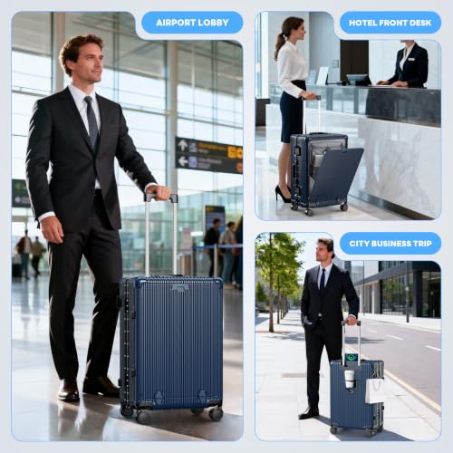 20 Inch Carry on Luggage with Front Pocket, Hard Shell Suitcase with Wheels - color: Blue