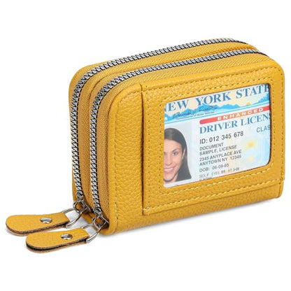 RNIEGA Credit Card Holder Wallet RFID Blocking Leather Small Wallet for Women Double Zipper Wallet with ID Window - color: A-Yellow