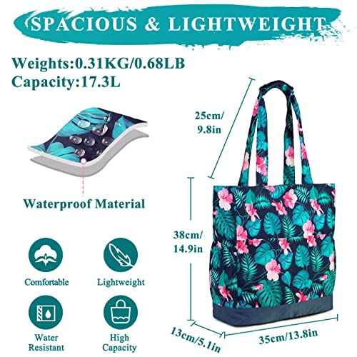 VASCHY Beach Bag for Women, Large Waterproof Sandproof Fold-able Packable Pool Tote Bag w Zipper/Pockets - color: Green Flowers