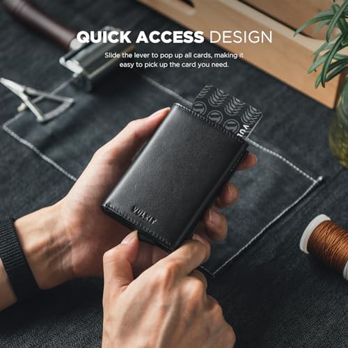 VULKIT Pop up Card Wallet Minimalist Cash Wallets RFID Blocking Leather Smart Credit Card Holder with ID window for Men - color: Top-Grain Cowhide Black