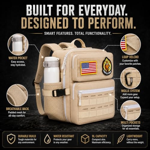 9L Mini Tactical Backpack for Men and Women, Gym Hiking Travel Daypack - color: Beige