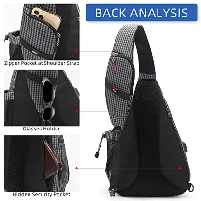 TurnWay Water-Proof Sling bag/Crossbody Backpack/Shoulder Bag with USB Charging Port for Travel, Hiking, Cycling, Camping - color: Grey Grid