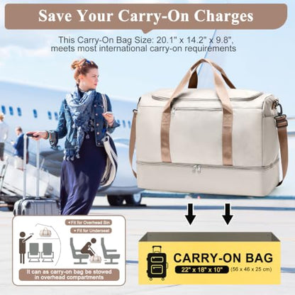Travel Duffle Bag with Shoes Compartment,Carry-On Weekender Bags for Women - color: Beige & Brown, size: Large